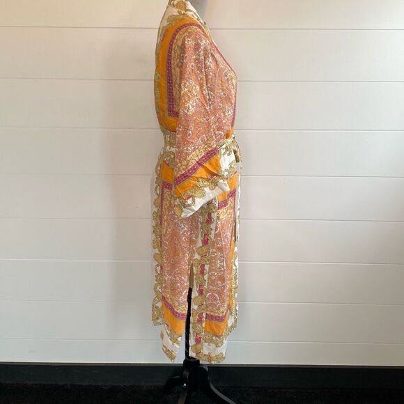 Magaschoni 100% Linen Orange Yellow Wrap Midi Dress, Size Small - Picture 6 of 12
